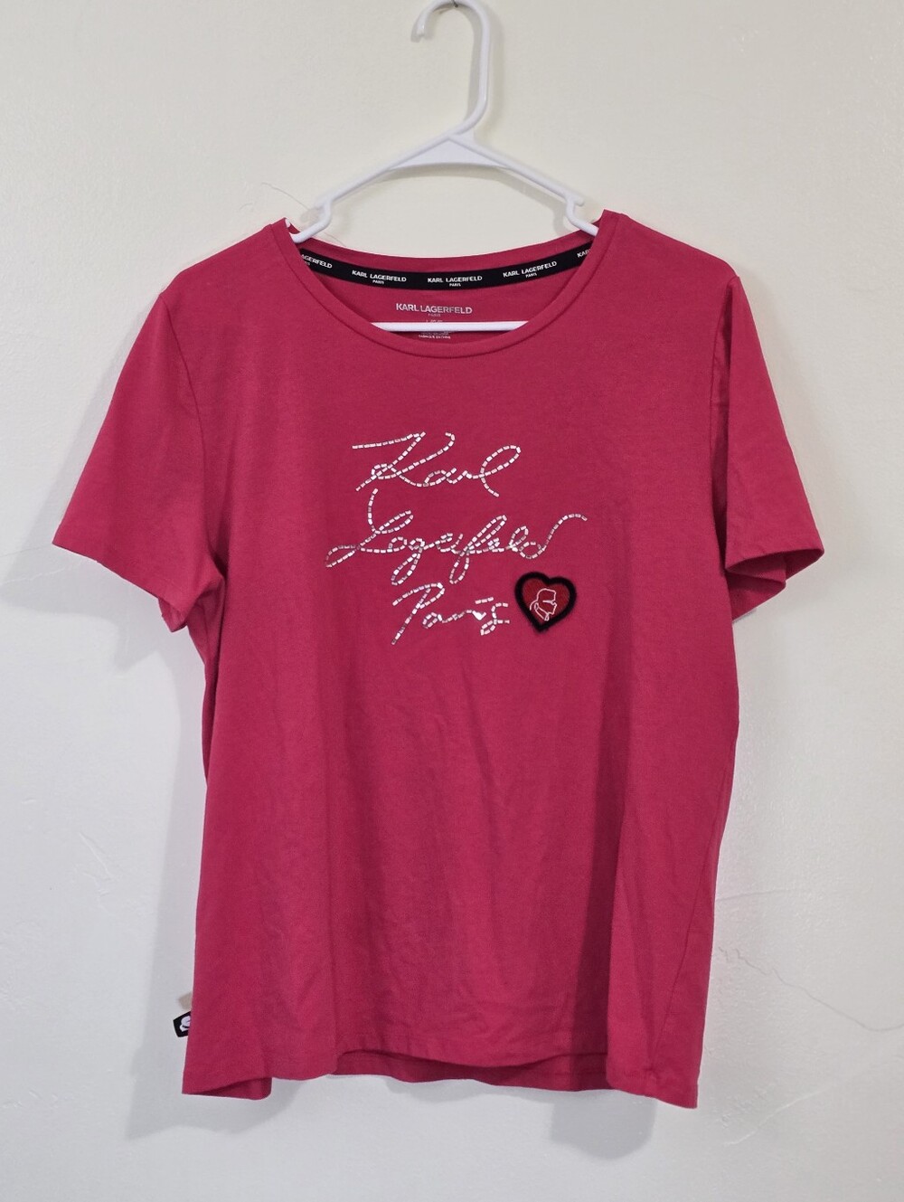 Karl Lagerfeld Paris Hot Pink Short Sleeve T-Shirt Rhinestones Glam Size L